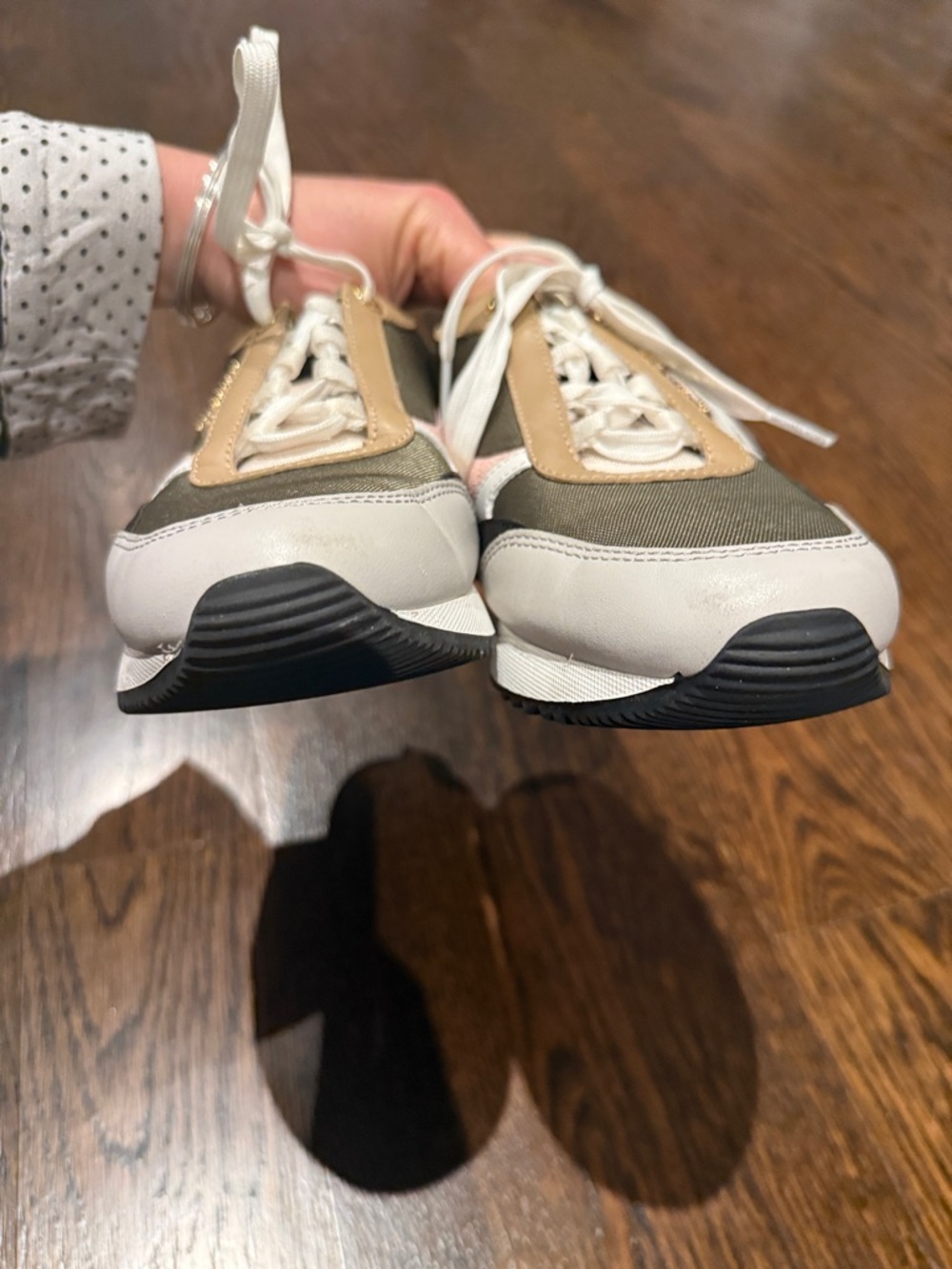 Michael Kors Olive, White & Beige Colorblock Sneakers with Pink Accent size 7.5 - Picture 6 of 7